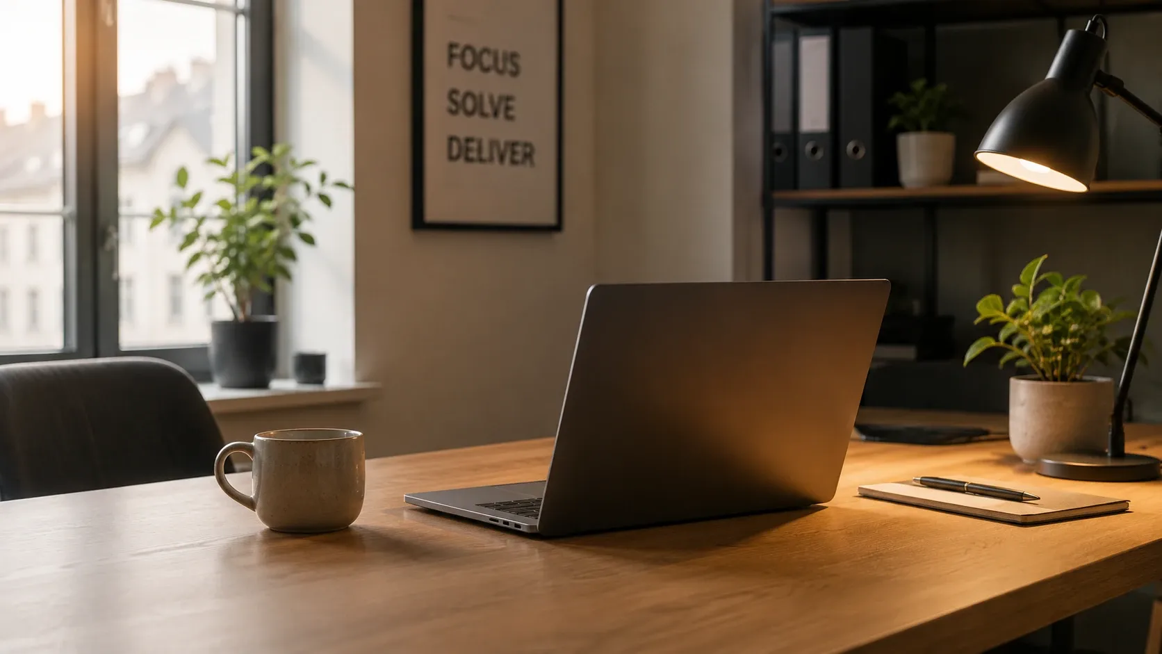 A laptop on a warm wooden desk in a calm, daylit European office — window overlooking city rooftops, a coffee cup, notebook, and desk plant.